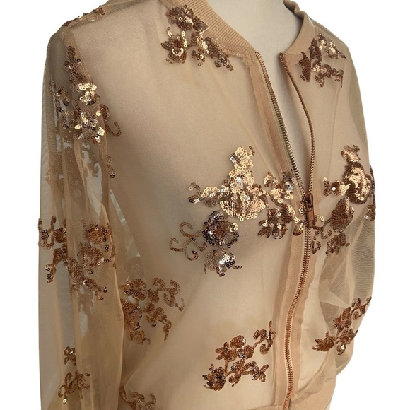 Windsor Tan Mesh Sequin Embellished Jacket Size S Gold Zipper Party Sparkle Fun - Picture 2 of 10